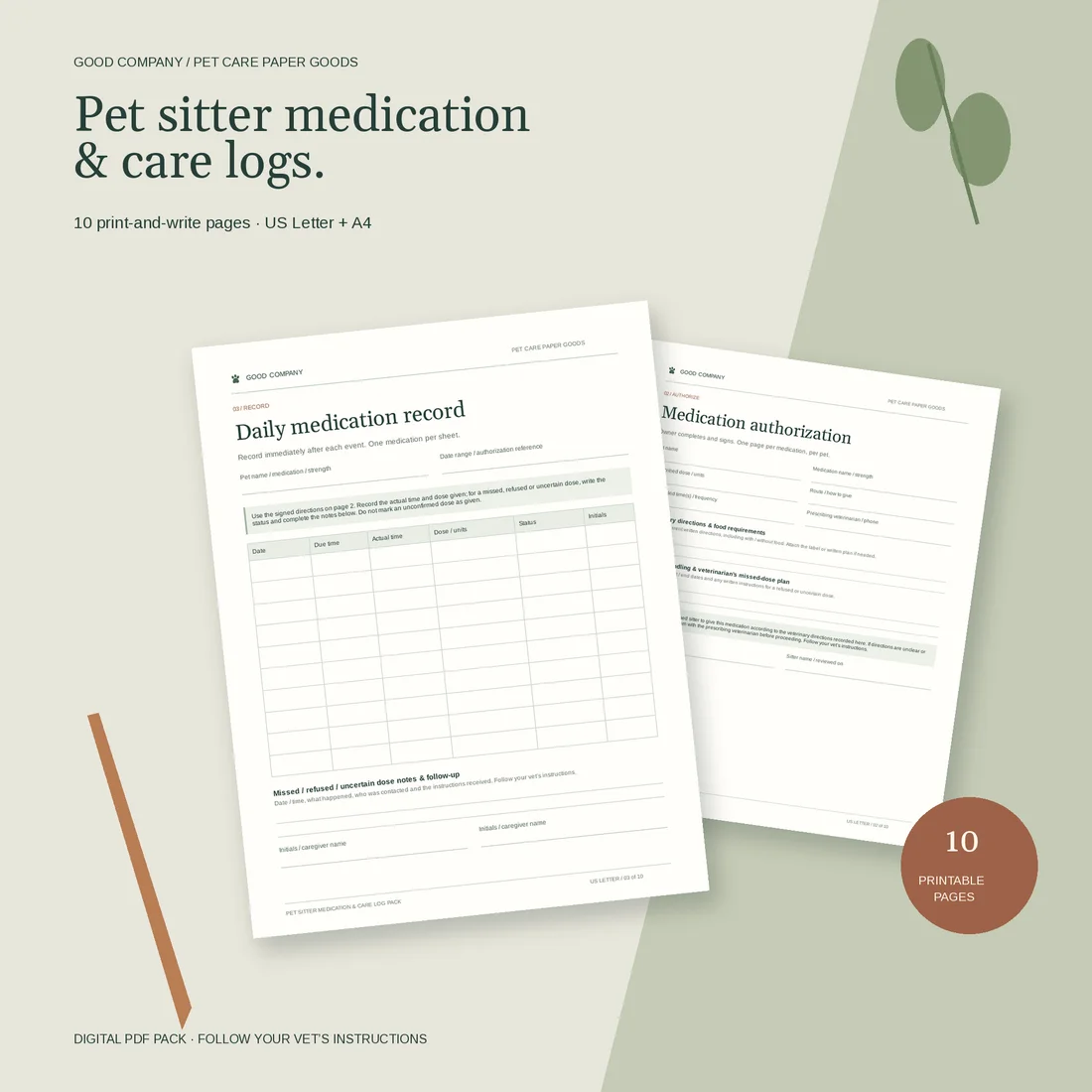 Pet Sitter Medication and Care Log Pack cover and actual daily medication record